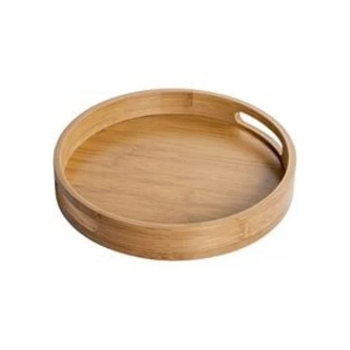 Tava servire din bambus natural, rotunda, cu manere, ecologica, usor de curatat