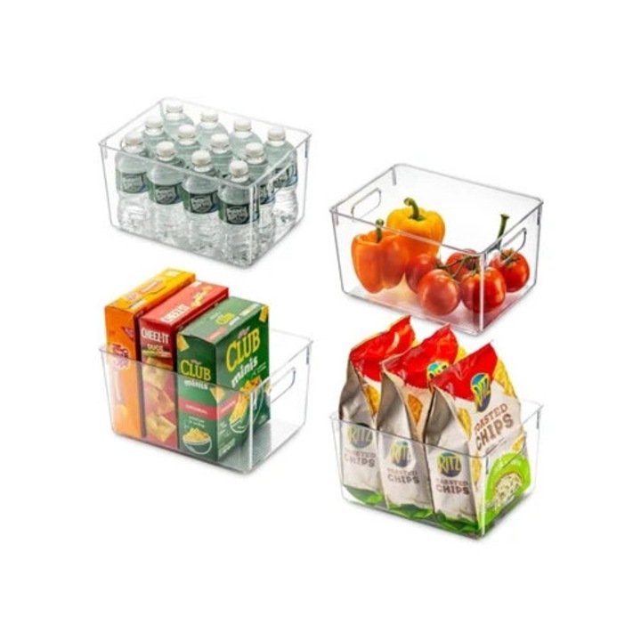 Organizator de bucatarie cu separatoare, cos de plastic pentru depozitarea alimentelor cu manere, ideal pentru bucatarie, dulapuri, dulapuri, frigider, 4 buc