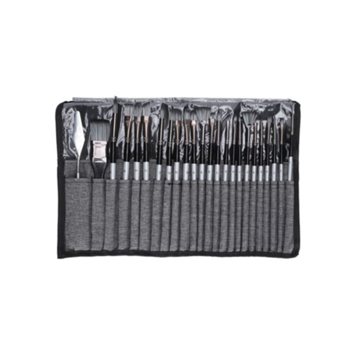 Set de pensule 24 piese, Masters Palette, rezistent la apa si ulei, cu cutit de paleta, geanta de panza rezistenta
