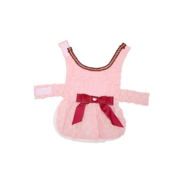 Rochie pentru caini, roz, cu velcro, cu fundita, pentru plaja, set