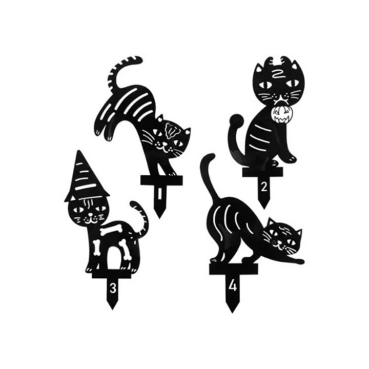 Statuete decorative metalice pentru gradina, silueta pisica, set, negru