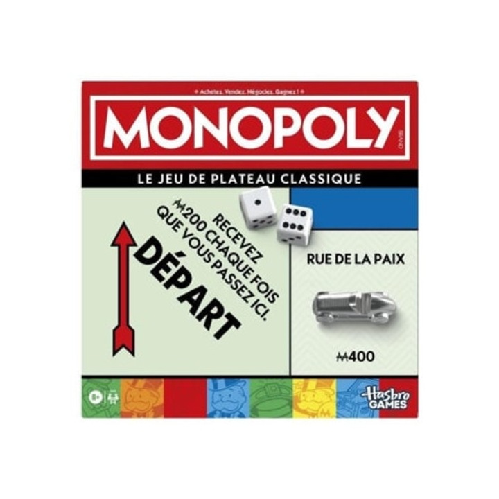 Monopoly Classic társasjáték, 2-6 játékos, tárolódoboz, nagy bábuk, FR verzió