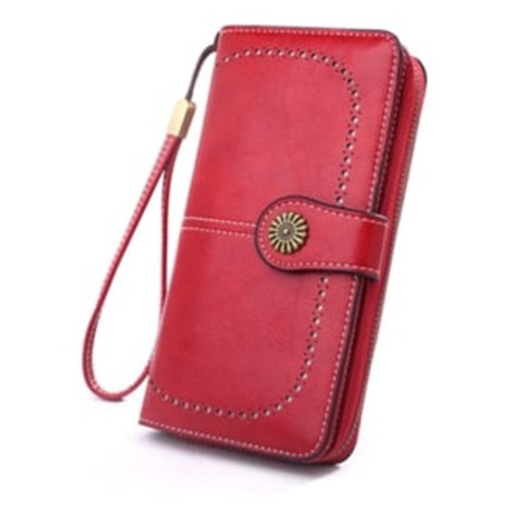 Portofel dama din piele cu fermoar, suport lung pentru carduri, portofel pentru monede, culoare neagra