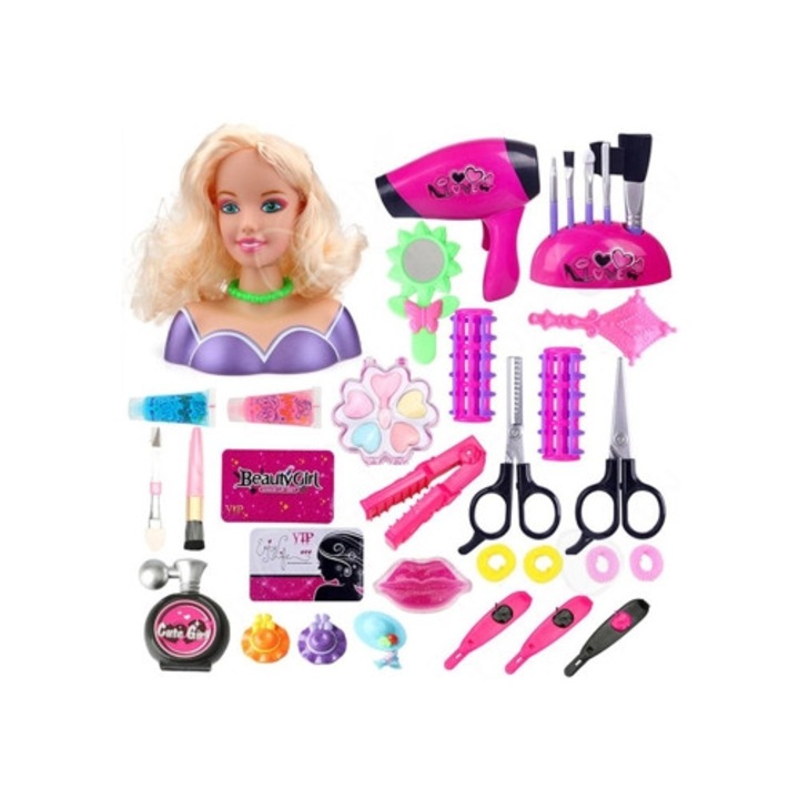 Set de salon de frumusete pentru copii, 35 piese, accesorii de par, unghii si machiaj, multicolor