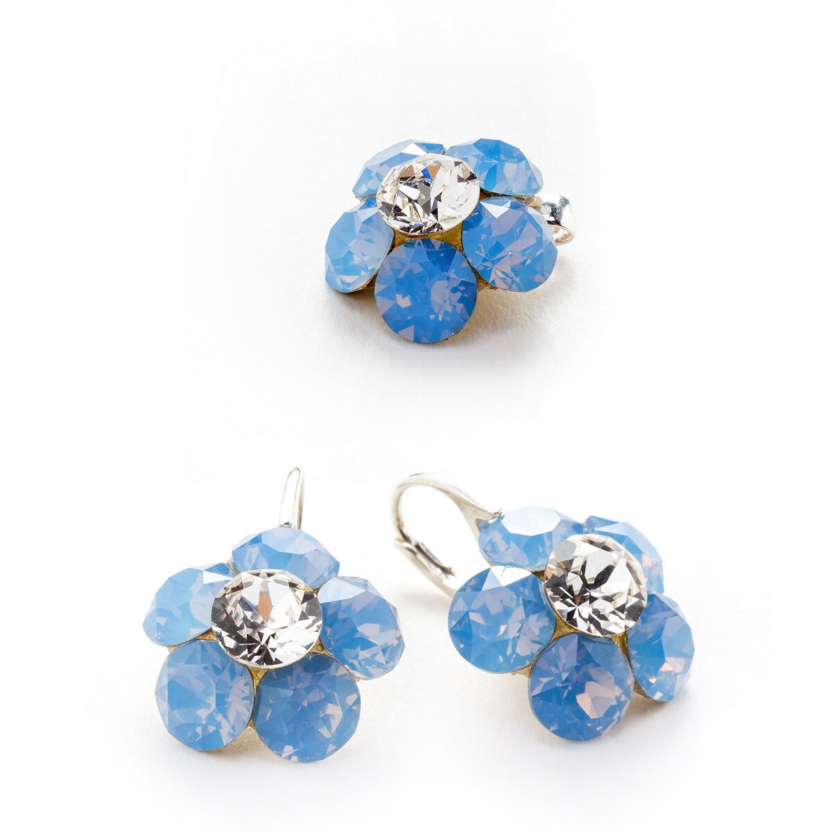 Set Argint DaviCrystals cu cristale cercei floare l cu leverback si pandantiv air blue opal