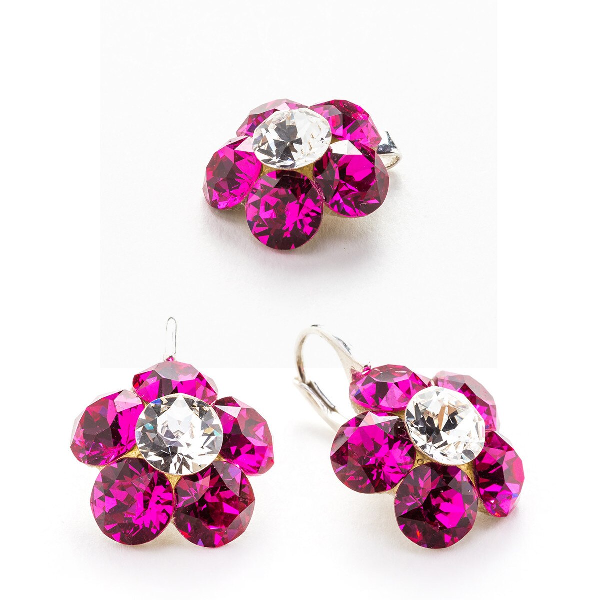 Set Argint DaviCrystals cu cristale cercei floare l cu leverback si pandantiv fuchsia