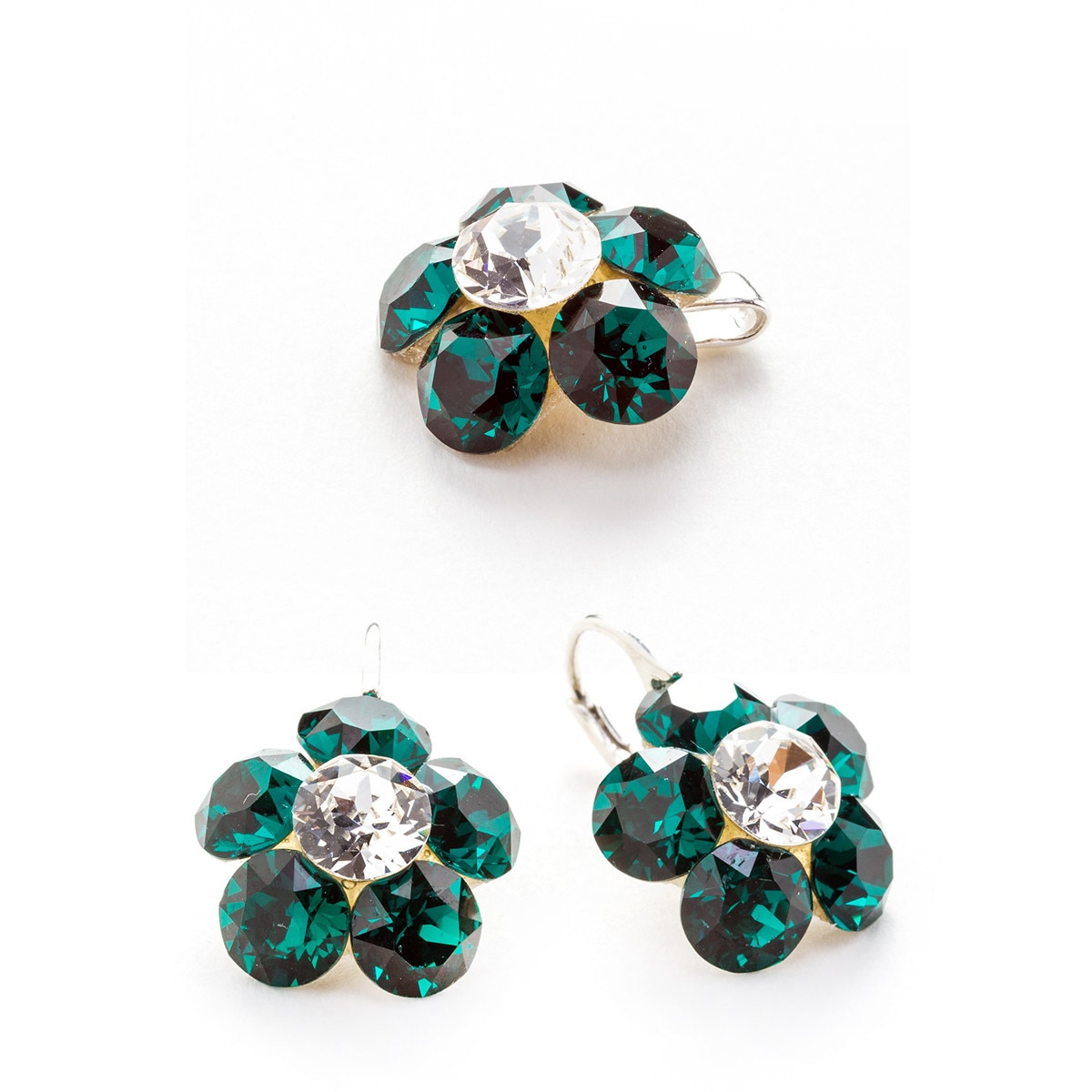 Set Argint DaviCrystals cu cristale cercei floare l cu leverback si pandantiv emerald