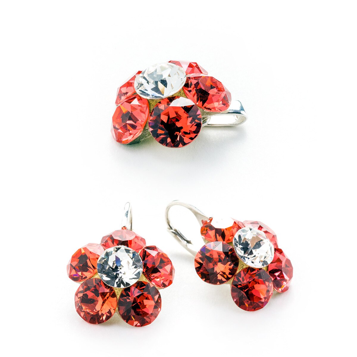 Set Argint DaviCrystals cu cristale cercei floare l cu leverback si pandantiv padparadscha