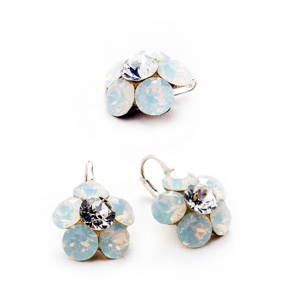 Set Argint DaviCrystals cu cristale cercei floare l cu leverback si pandantiv white opal