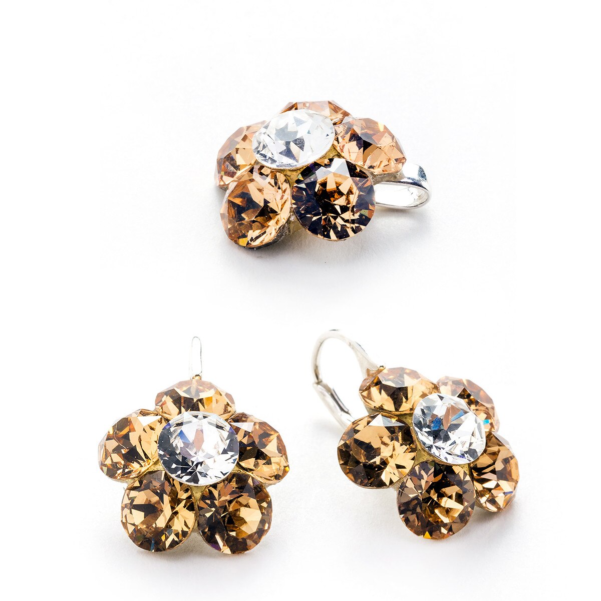 Set Argint DaviCrystals cu cristale cercei floare l cu leverback si pandantiv light topaz