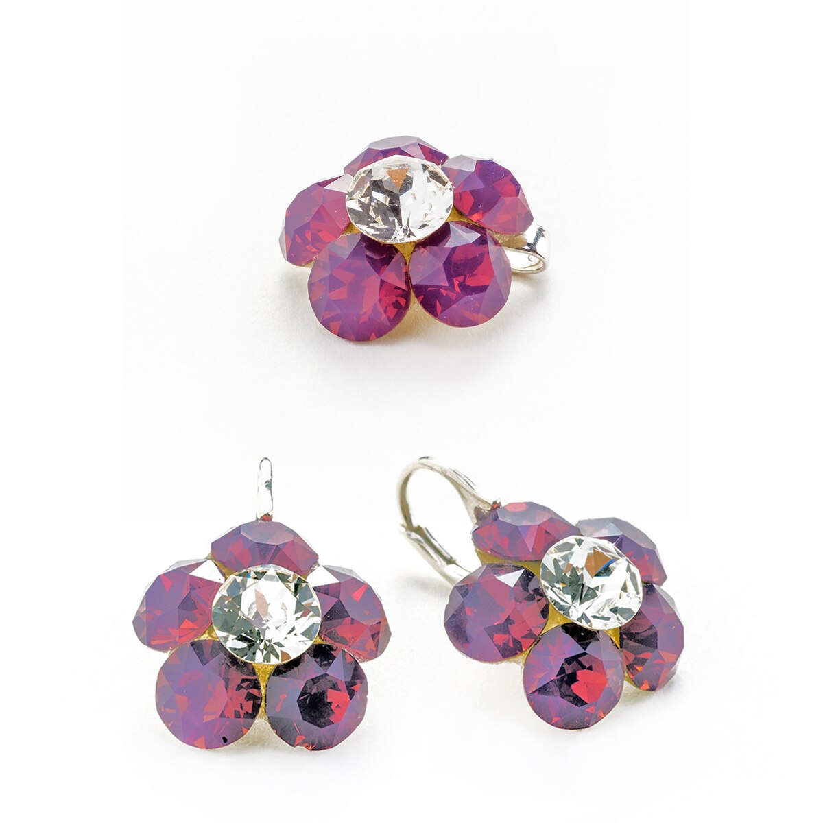 Set Argint DaviCrystals cu cristale cercei floare l cu leverback si pandantiv cyclamen opal
