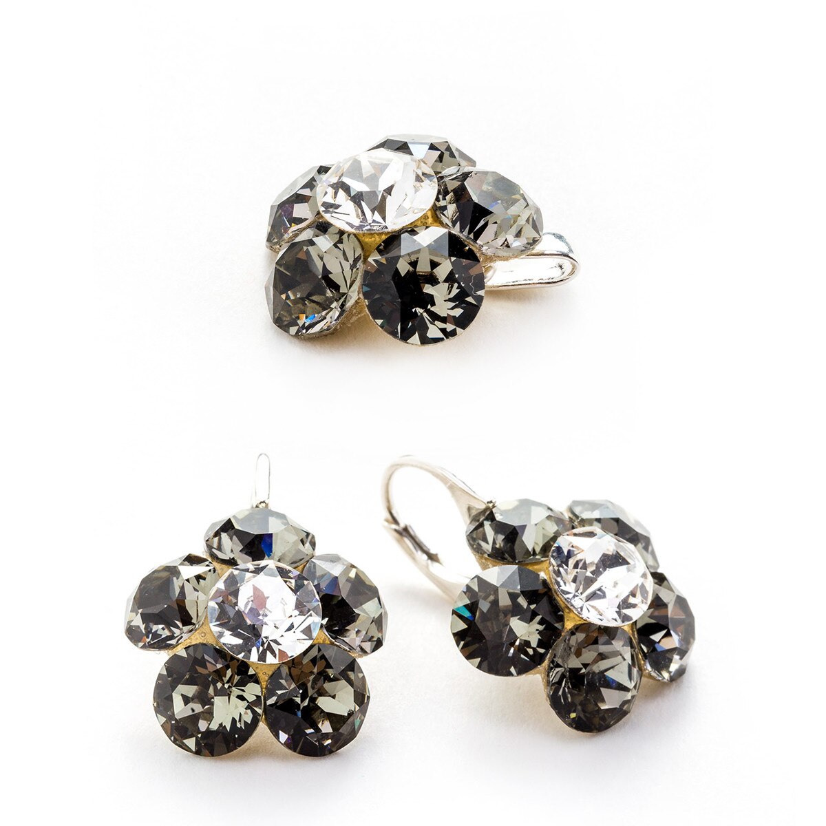 Set Argint DaviCrystals cu cristale cercei floare l cu leverback si pandantiv black diamond