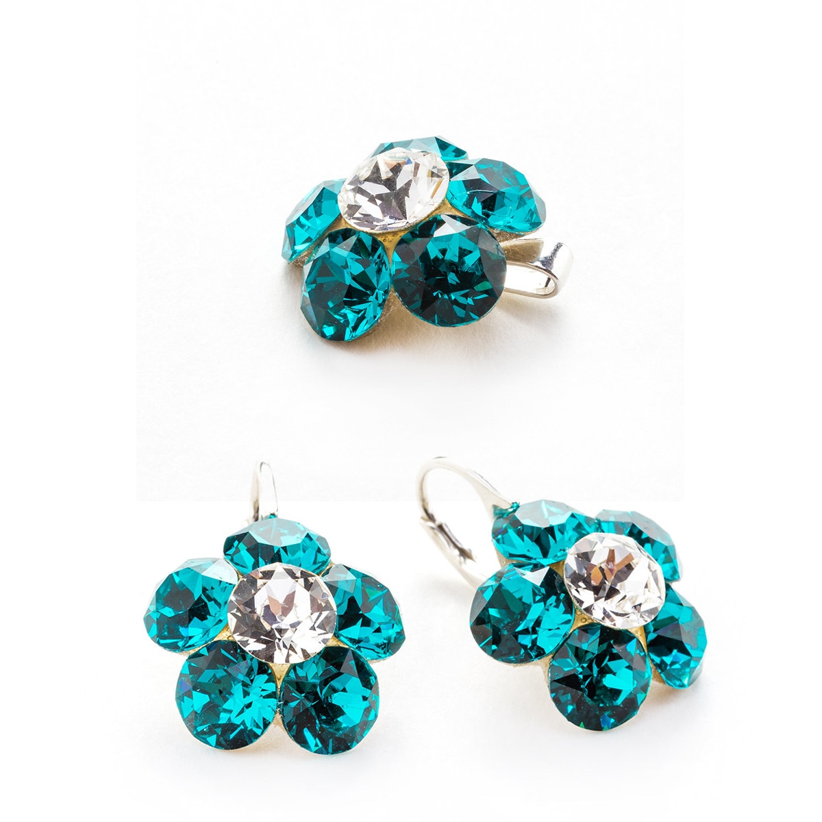 Set Argint DaviCrystals cu cristale cercei floare l cu leverback si pandantiv blue zircon