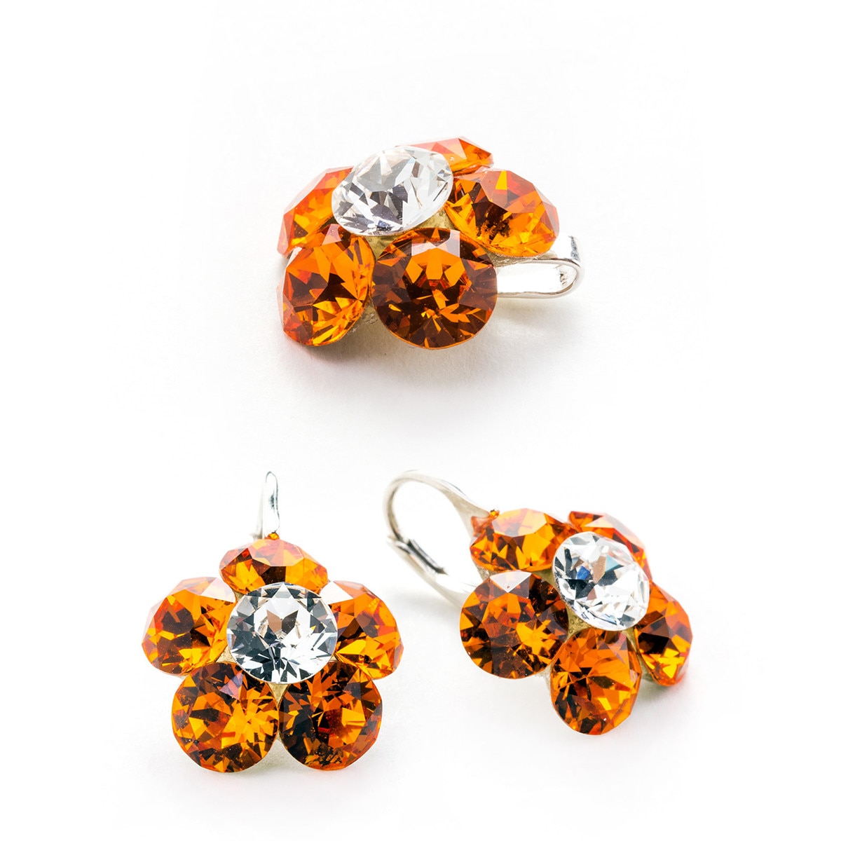 Set Argint DaviCrystals cu cristale cercei floare l cu leverback si pandantiv tangerine