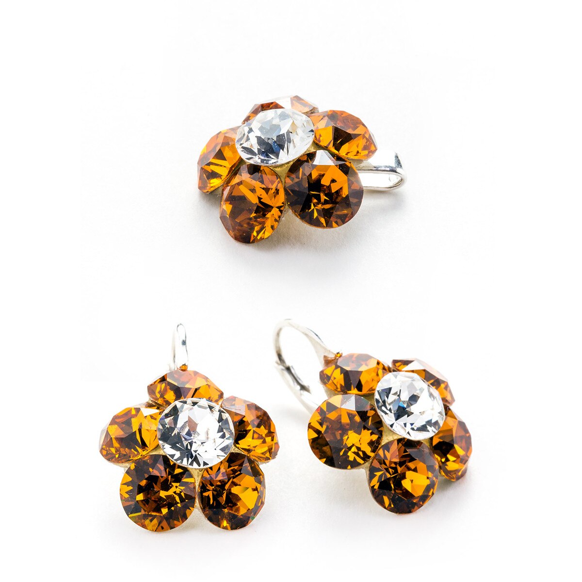 Set Argint DaviCrystals cu cristale cercei floare l cu leverback si pandantiv topaz