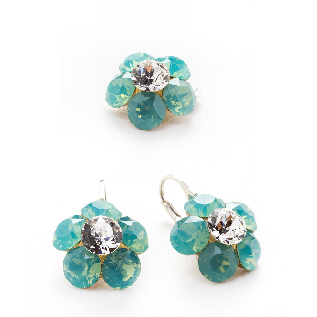 Set Argint DaviCrystals cu cristale cercei floare l cu leverback si pandantiv pacific opal