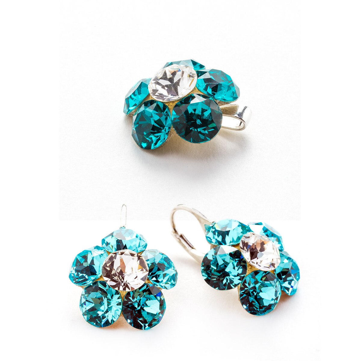 Set Argint DaviCrystals cu cristale cercei floare l cu leverback si pandantiv light turquoise