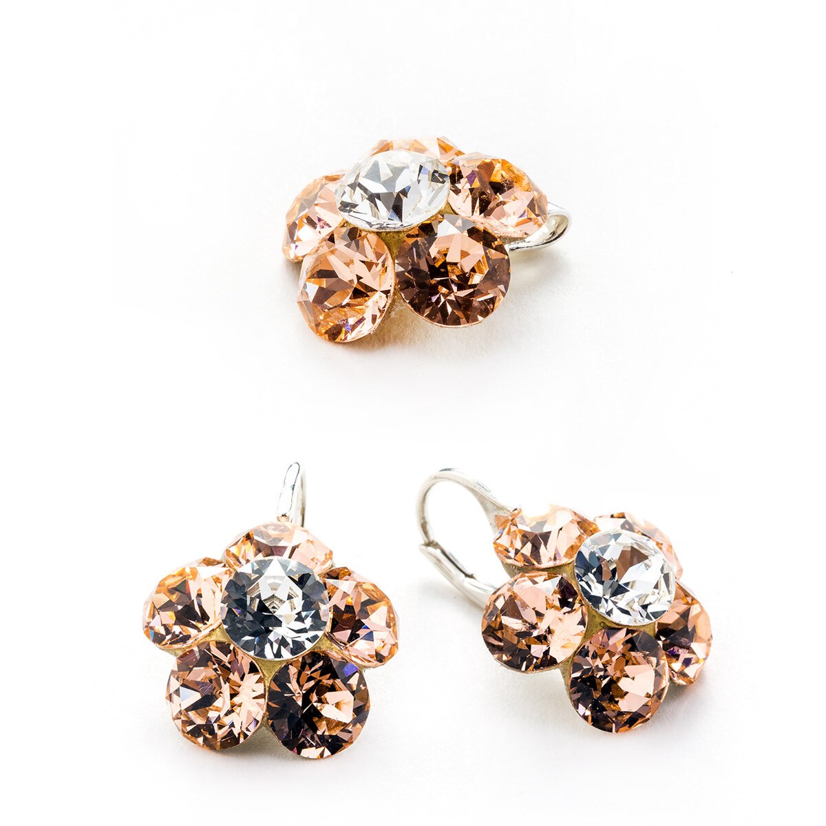 Set Argint DaviCrystals cu cristale cercei floare l cu leverback si pandantiv light peach