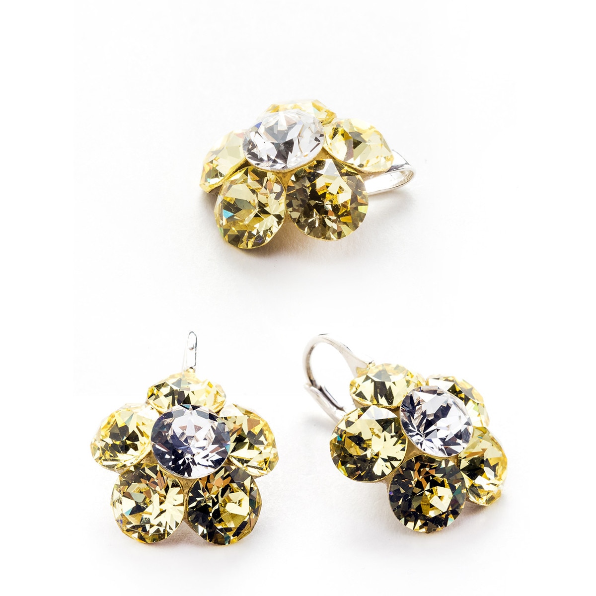 Set Argint DaviCrystals cu cristale cercei floare l cu leverback si pandantiv jonquil