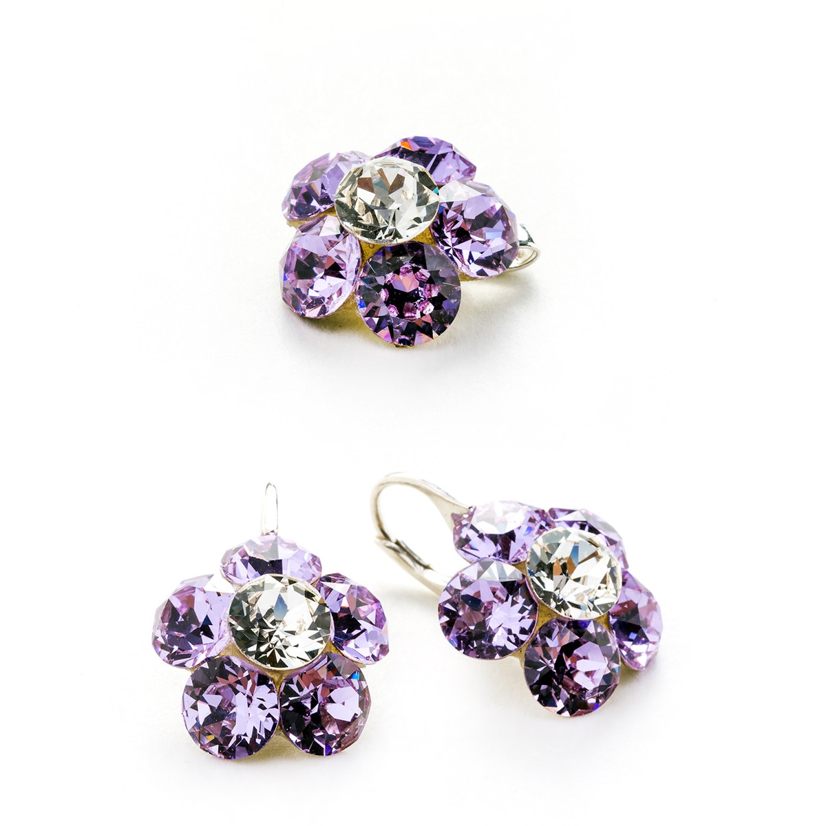 Set Argint DaviCrystals cu cristale cercei floare l cu leverback si pandantiv violet