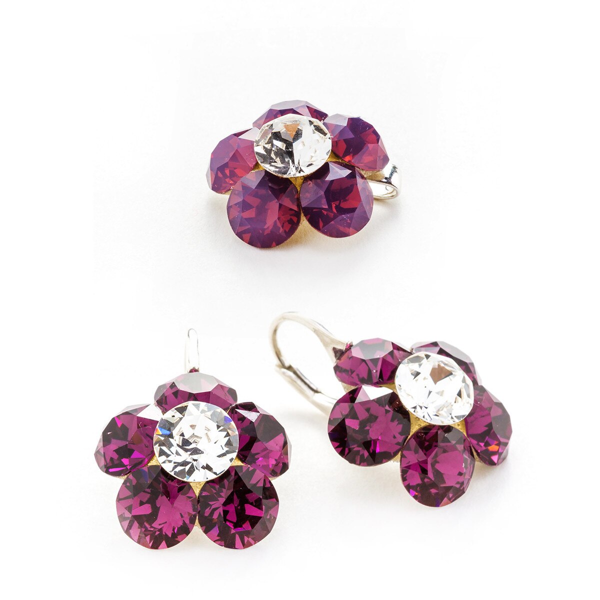 Set Argint DaviCrystals cu cristale cercei floare l cu leverback si pandantiv amethyst