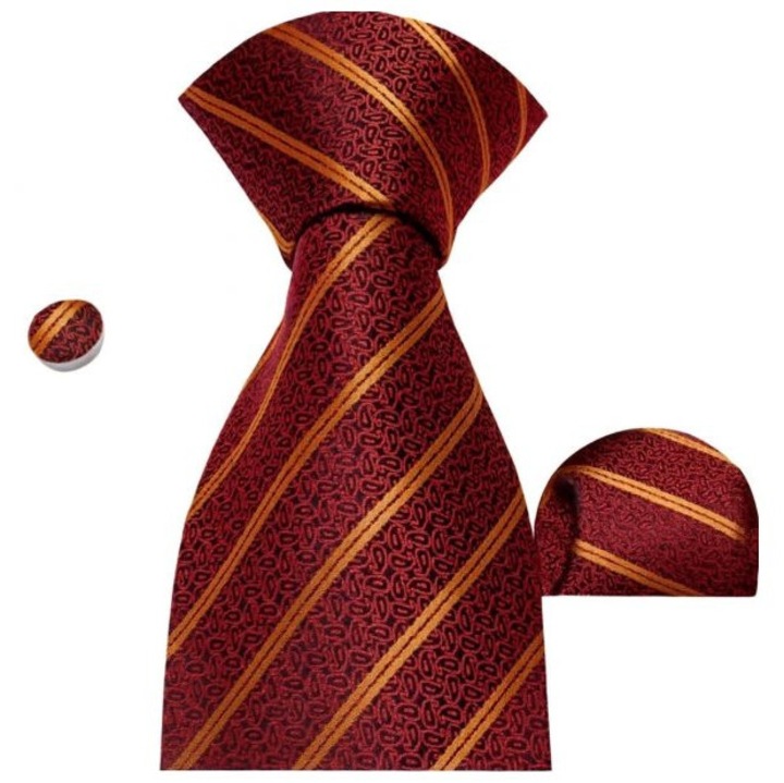 Set cravata matase + batista + butoni, aramiu cu auriu, model dungi, SCR167