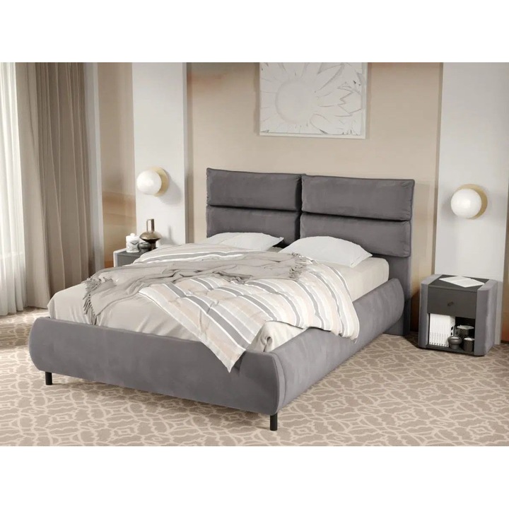 Pat Tapitat Cairo, Fix cu perne pe spatar, 160x200, Gri/Velluto 16