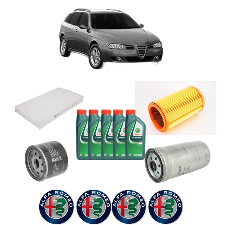 Pachet filtre revizie Bosch, 5 litrii ulei Castrol 10W40 ALFA ROMEO 156 Sportwagon (932_) 1.9 JTD (932B2) din 2000, 4x Stickere auto cu ALFA ROMEO