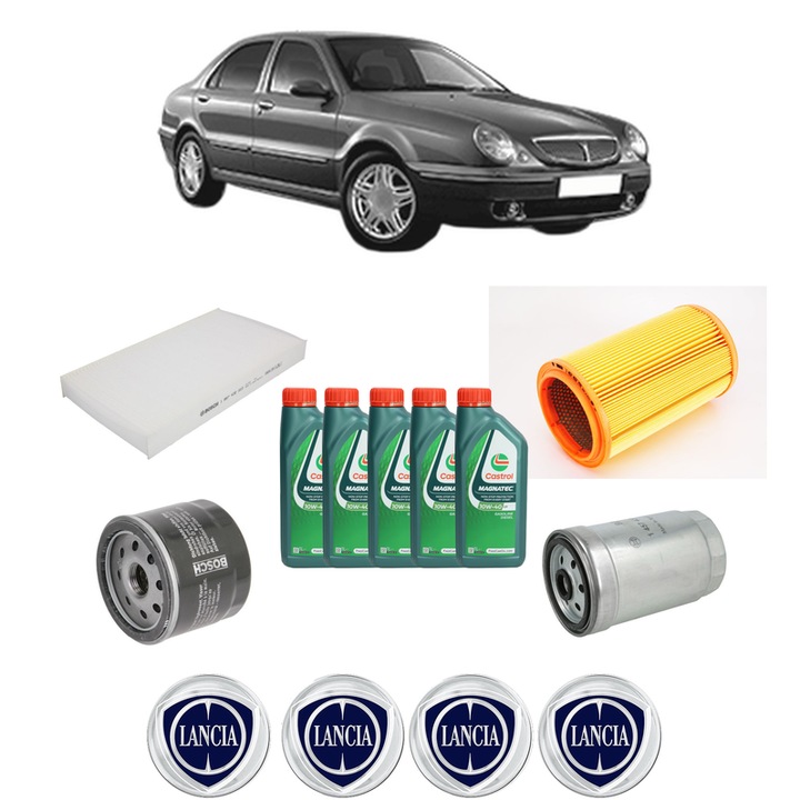 Pachet filtre revizie Bosch, 5 litrii ulei Castrol 10W40 LANCIA LYBRA (839_) 1.9 JTD (839AXI1A) din 2000-2001, 4x Stickere auto cu LANCIA