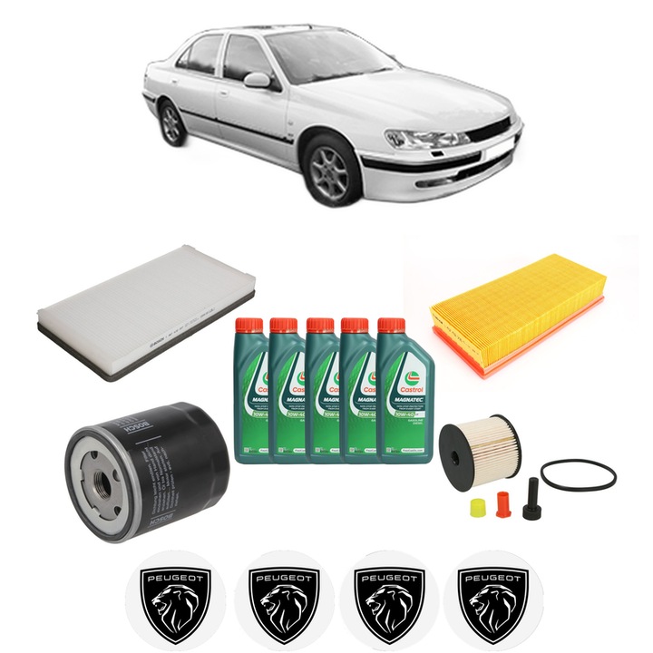Pachet filtre revizie Bosch, 5 litrii ulei Castrol 10W40 PEUGEOT 406 (8B) 2.2 HDi din 2000-2004, 4x Stickere auto cu PEUGEOT