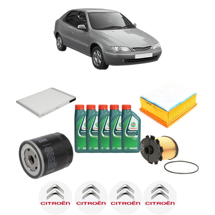 Pachet filtre revizie Bosch, 5 litrii ulei Castrol 10W40 CITROEN XSARA (N1) 1.9 D din 2000-2005, 4x Stickere auto cu CITROEN