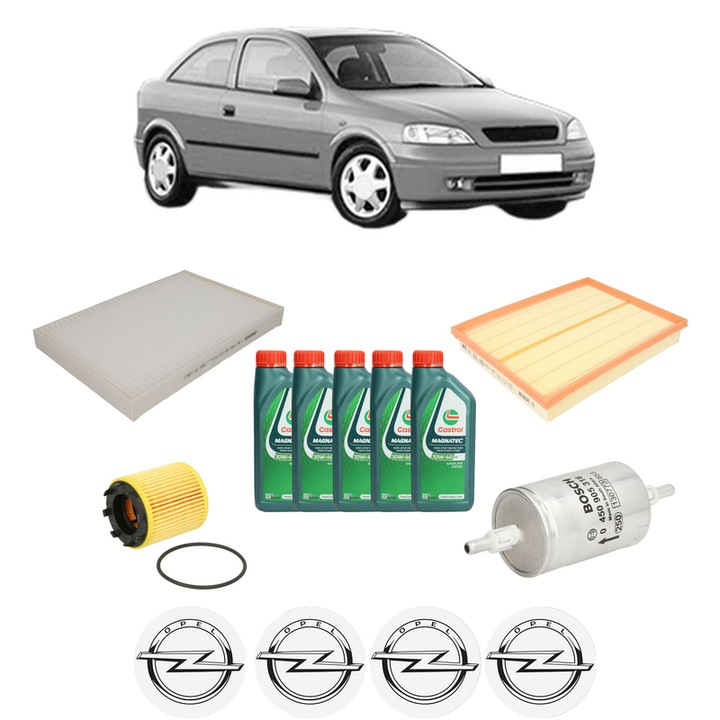 Pachet filtre revizie Bosch, 5 litrii ulei Castrol 10W40 OPEL ASTRA G Hatchback (T98) 2.2 16V (F08, F48) din 2000-2005, 4x Stickere auto cu OPEL
