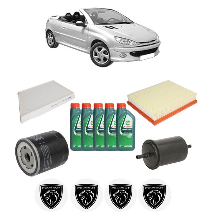 Pachet filtre revizie Bosch, 5 litrii ulei Castrol 10W40 PEUGEOT 206 CC (2D) 2.0 S16 din 2000-2007, 4x Stickere auto cu PEUGEOT