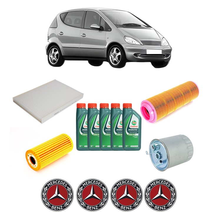 Pachet filtre revizie Bosch, 5 litri ulei Castrol 10W40 MERCEDES-BENZ A-CLASS (W168) A 160 CDI (168.006) din 2001-2004, 4x Stickere auto cu MERCEDES-BENZ