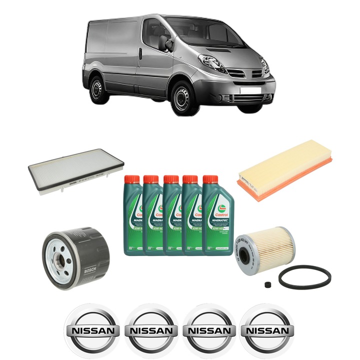 Pachet filtre revizie Bosch, 5 litrii ulei Castrol 10W40 NISSAN PRIMASTAR Van (X83) 1.9 dCi 80 din 2002, 4x Stickere auto cu NISSAN