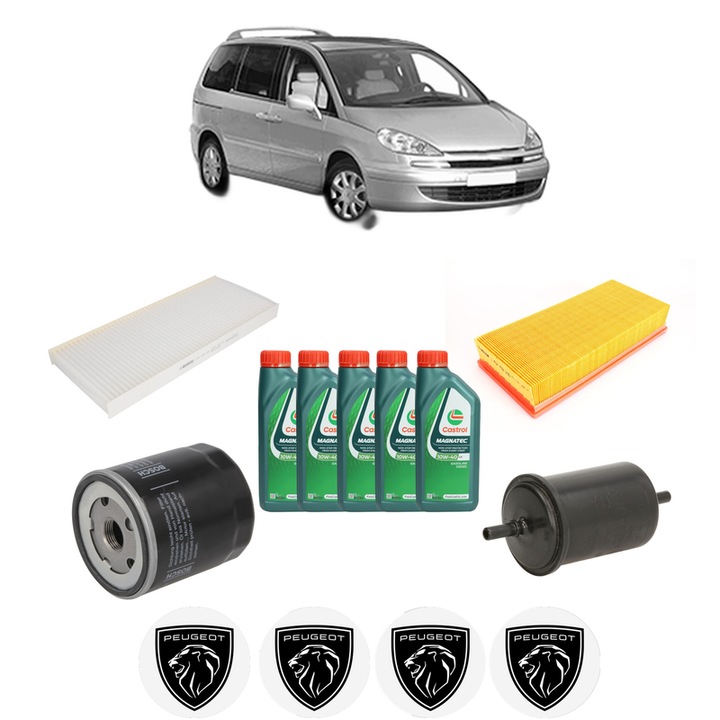 Pachet filtre revizie Bosch, 5 litrii ulei Castrol 10W40 PEUGEOT 807 (EB_) 2.2 din 2002, 4x Stickere auto cu PEUGEOT