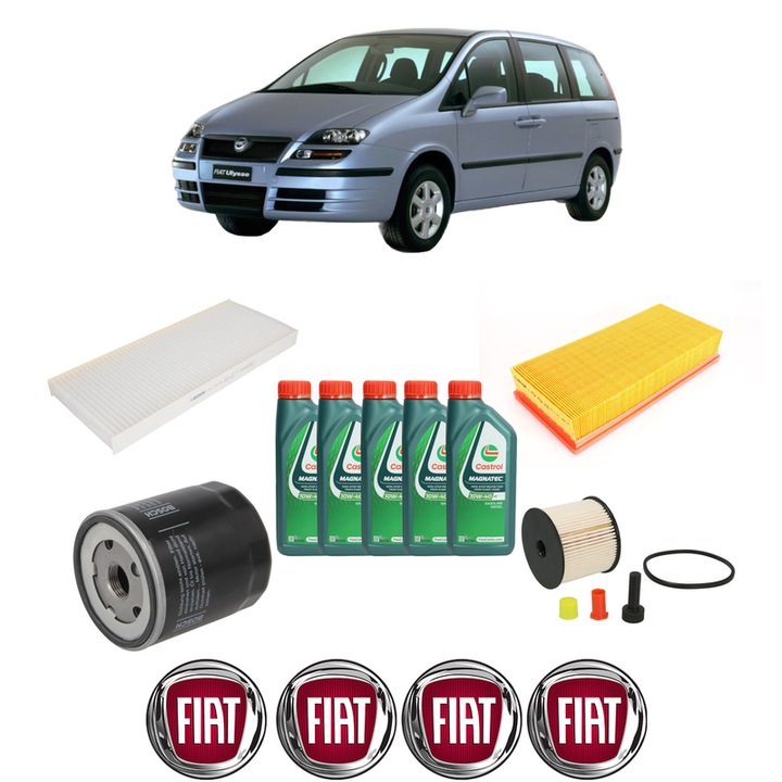 Pachet filtre revizie Bosch, 5 litrii ulei Castrol 10W40 FIAT ULYSSE (179_) 2.2 JTD din 2002-2006, 4x Stickere auto cu FIAT