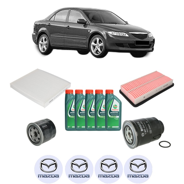 Pachet filtre revizie Bosch, 5 litrii ulei Castrol 10W40 MAZDA 6 Saloon (GG) 2.0 DI (GG14) din 2002-2007, 4x Stickere auto cu MAZDA