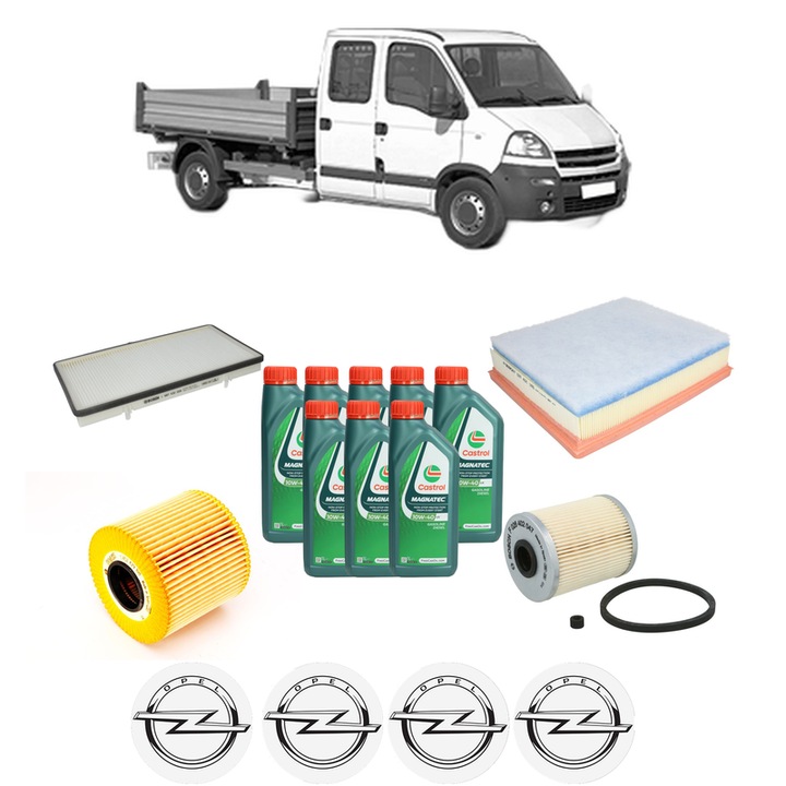 Pachet filtre revizie Bosch, 8 litrii ulei Castrol 10W40 OPEL MOVANO A Platform/Chassis (X70) 2.5 DTi (ED, HD, UD0, UD4) din 2003, 4x Stickere auto cu OPEL