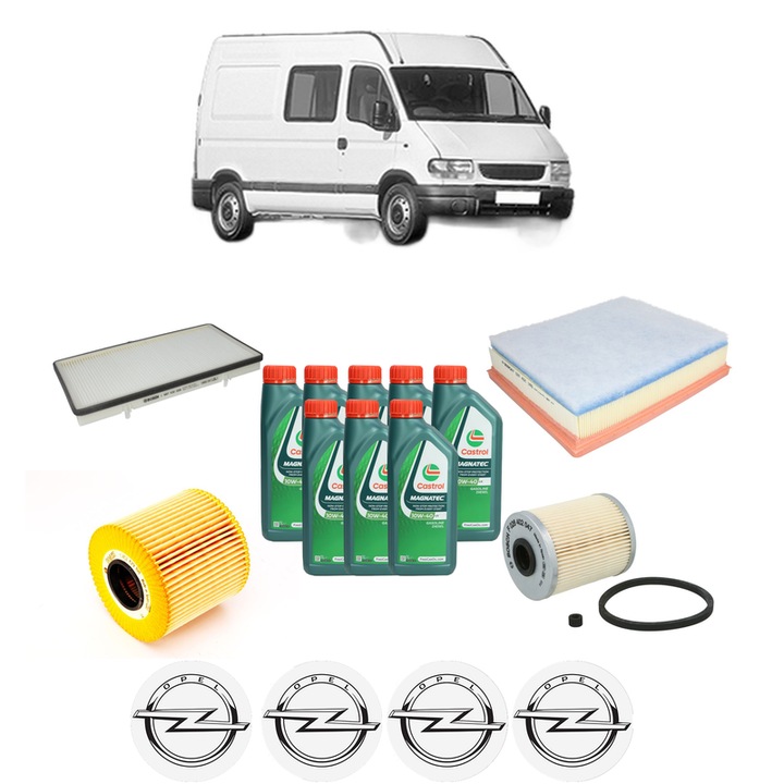 Pachet filtre revizie Bosch, 8 litrii ulei Castrol 10W40 OPEL MOVANO A Van (X70) 2.5 DTi (FD) din 2003, 4x Stickere auto cu OPEL