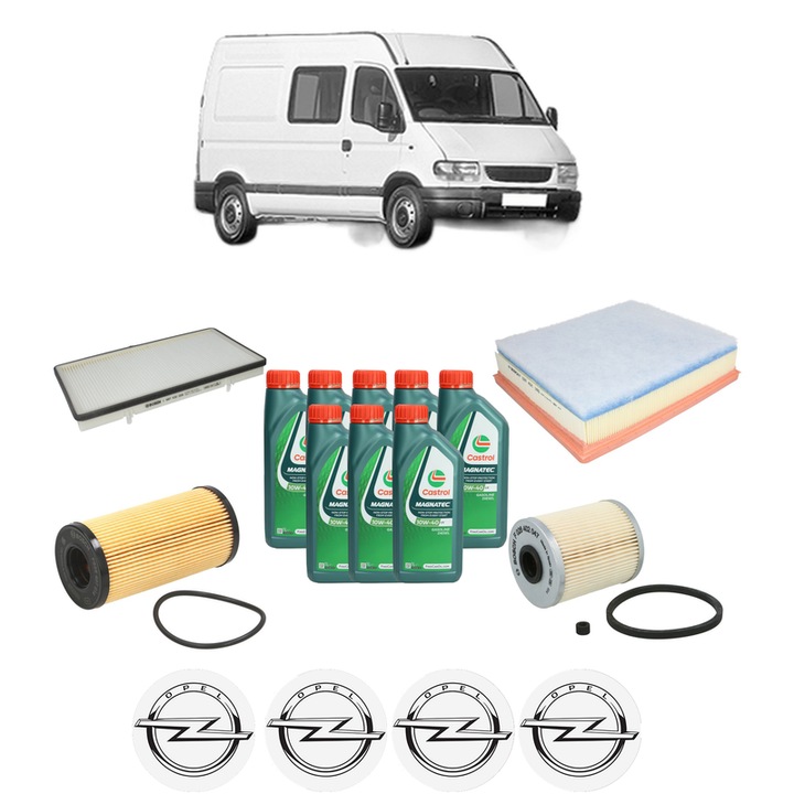 Pachet filtre revizie Bosch, 8 litrii ulei Castrol 10W40 OPEL MOVANO A Van (X70) 2.5 CDTI (FD) din 2003, 4x Stickere auto cu OPEL
