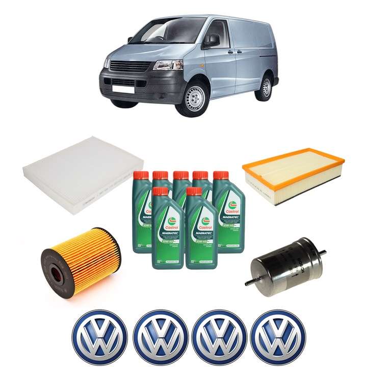 Pachet filtre revizie Bosch, 7 litrii ulei Castrol 10W40 Volkswagen TRANSPORTER T5 Van (7HA, 7HH, 7EA, 7EH) VR6 3.2 4motion din 2003-2009, 4x Stickere auto cu Volkswagen