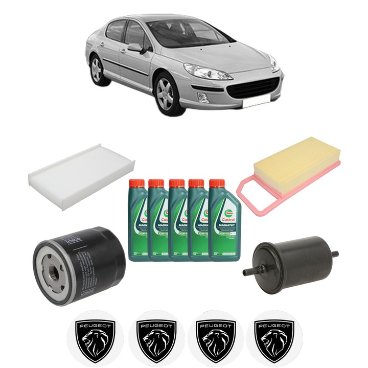 Pachet filtre revizie Bosch, 5 litrii ulei Castrol 10W40 PEUGEOT 407 (6D_) 1.8 (6D6FZB) din 2004-2005, 4x Stickere auto cu PEUGEOT