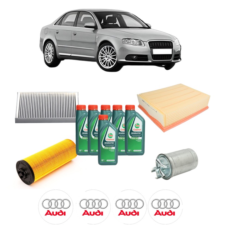 Pachet filtre revizie Bosch, 6 litri ulei Castrol 10W40 AUDI A4 B7 (8EC) 2.5 TDI din 2004-2006, 4x Stickere auto cu AUDI