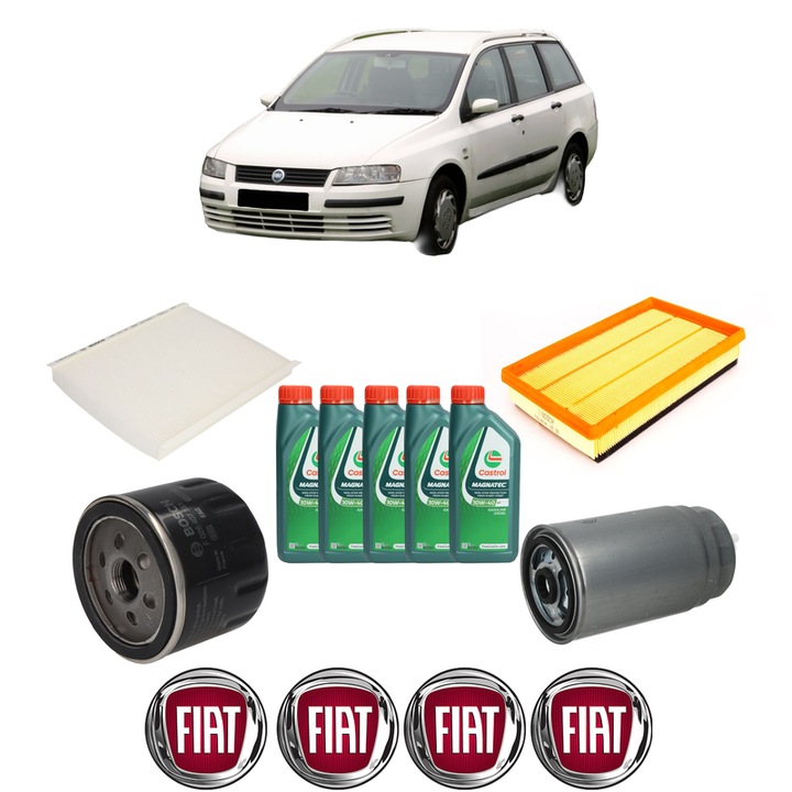 Pachet filtre revizie Bosch, 5 litrii ulei Castrol 10W40 FIAT STILO Multi Wagon (192_) 1.9 JTD din 2004-2008, 4x Stickere auto cu FIAT