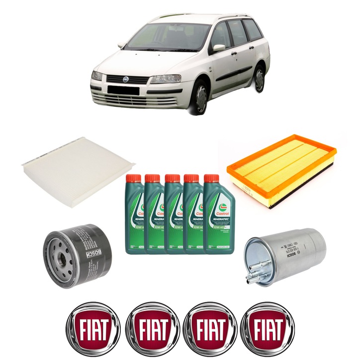Pachet filtre revizie Bosch, 5 litrii ulei Castrol 10W40 FIAT STILO Multi Wagon (192_) 1.9 D Multijet (192DXT1B) din 2005-2008, 4x Stickere auto cu FIAT