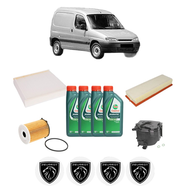 Pachet filtre revizie Bosch, 4 litrii ulei Castrol 10W40 PEUGEOT PARTNER Box Body/MPV (5_, G_) 1.6 HDi 90 din 2005-2015, 4x Stickere auto cu PEUGEOT