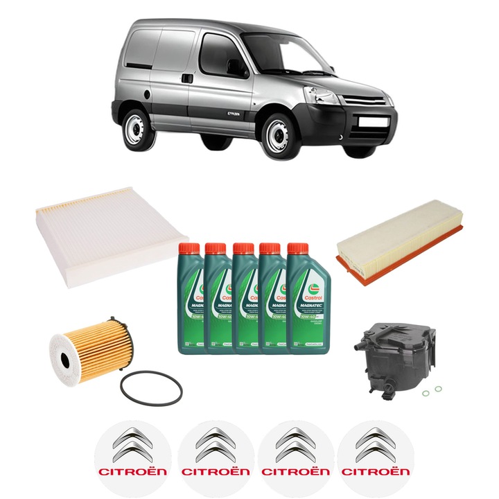 Pachet filtre revizie Bosch, 5 litrii ulei Castrol 10W40 CITROEN BERLINGO / BERLINGO FIRST Box Body/MPV (M_) 1.6 HDI 90 (MB9HX, MC9HX) din 2005-2011, 4x Stickere auto cu CITROEN