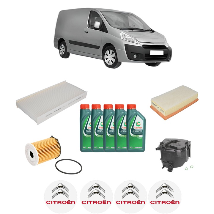 Pachet filtre revizie Bosch, 5 litrii ulei Castrol 10W40 CITROEN JUMPY II Van 1.6 HDi 90 16V din 2007-2016, 4x Stickere auto cu CITROEN