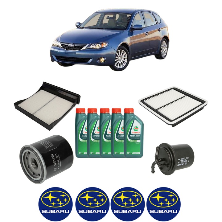 Pachet filtre revizie Bosch, 5 litrii ulei Castrol 10W40 SUBARU IMPREZA Hatchback (GR, GH, G3) 2.0 R AWD (GH7) din 2008-2012, 4x Stickere auto cu SUBARU